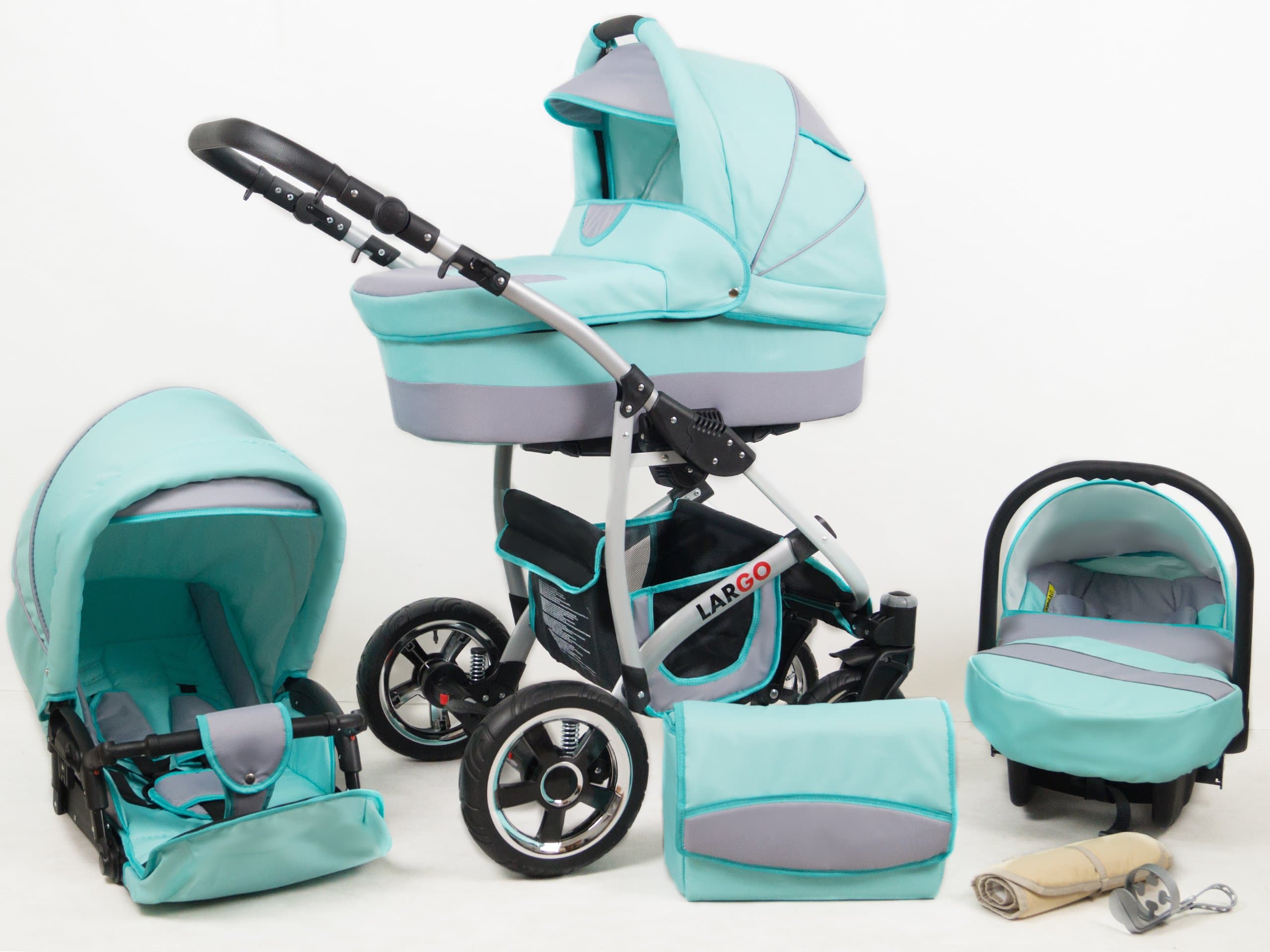 Baby Pram Pushchair Stroller Buggy Travel System Set Raff Largo + Baby Bag + Rain Cover + Mosquito Net (3in1 (Baby tub + Sport seat + Car seat), Mint)
