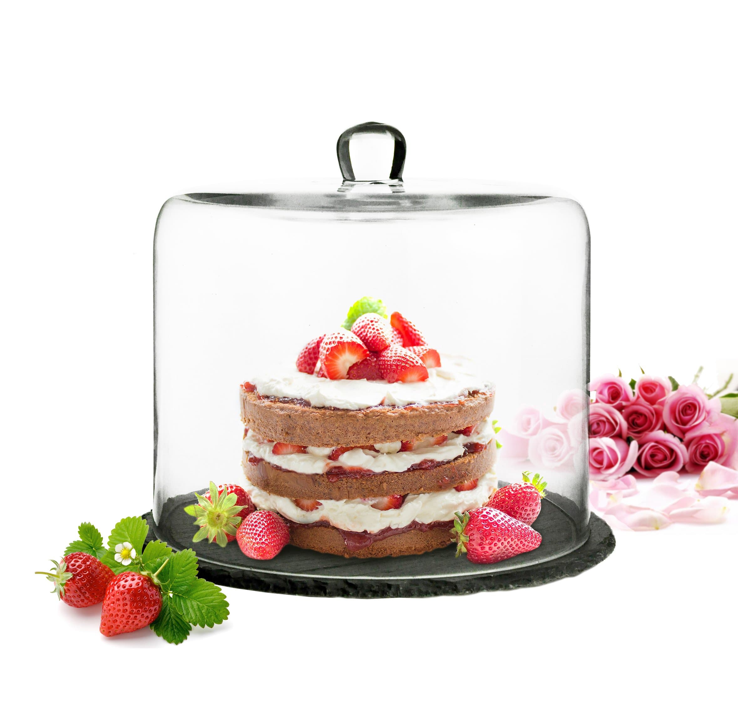 Sendez glass dome on slate plate, 28 x 25 cm, cake dome, cheese cover