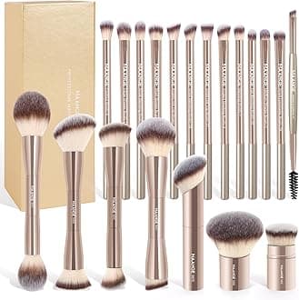MAANGE 20 Pcs Makeup Brushes with Gift Box, Double-End Multi-functional Makeup Brushes for Blending Liquid Powder Concealer Cream Blush Buffe,Champagne