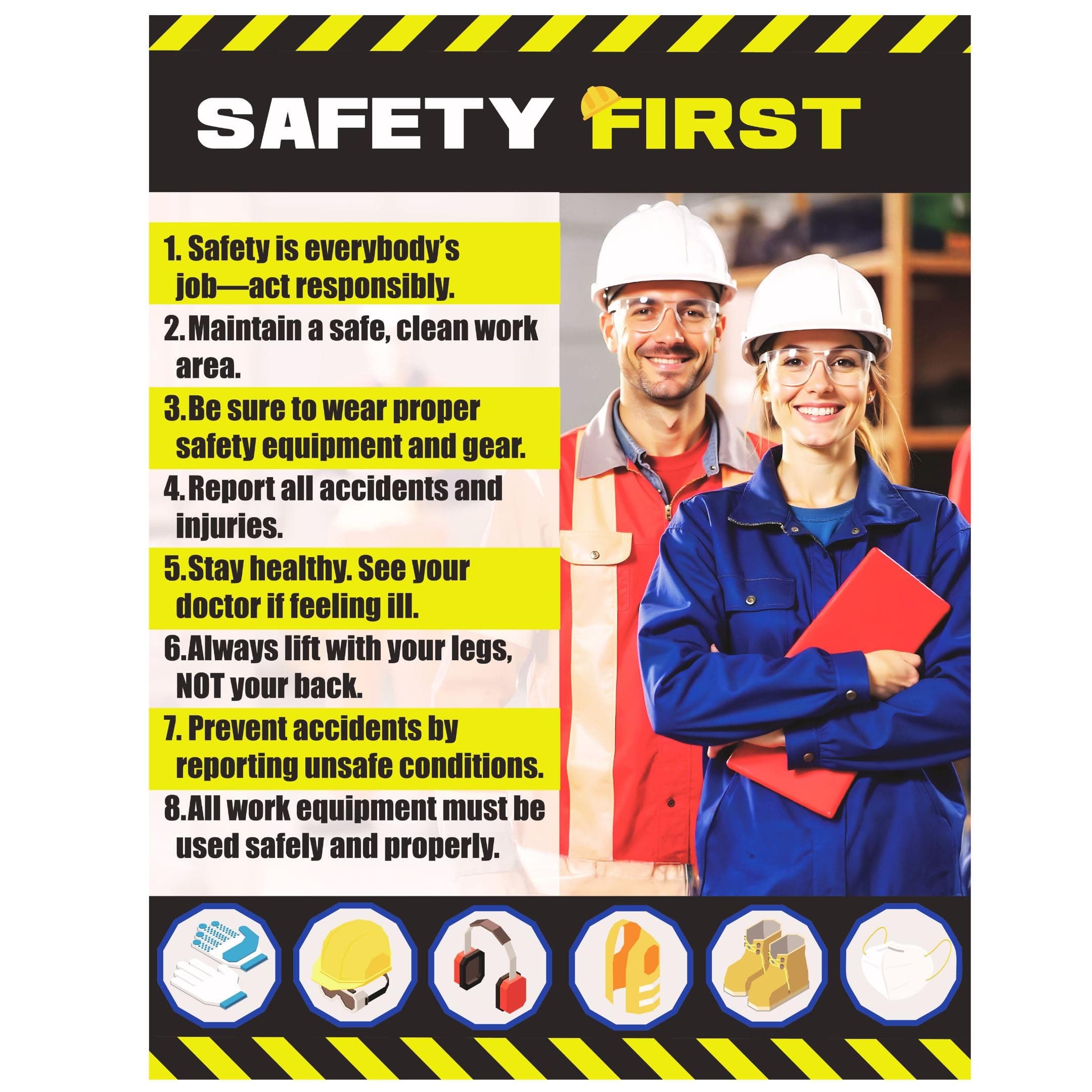 Safety Awareness Poster,"Safety First", 17" X 22" Laminated Front and Back Long-Lasting Workplace Safety First Poster