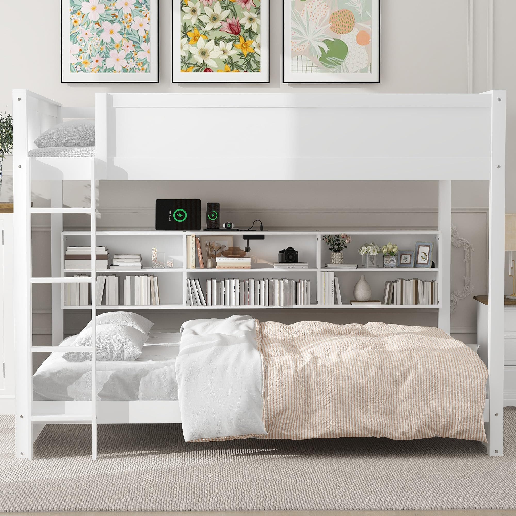 Wood Bunk Bed Queen Over Queen Size with Built-in Storage Cabinets and USB Ports, Versatile Bunk Bed Frame with Ladder and Guardrail for Kids Teens Adult, Maximize Space (White-9.30)