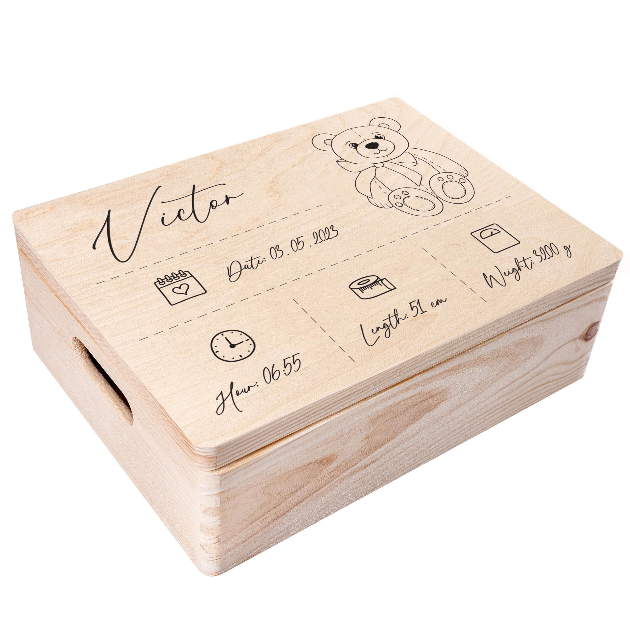 Creative Deco Personalised Baby Memory Box - Line Dividers | Custom Keepsake Boxes | Unique Gift for Newborn Boy or Girl | Customised Wooden Storage Box with Hinged Lid | UV Print