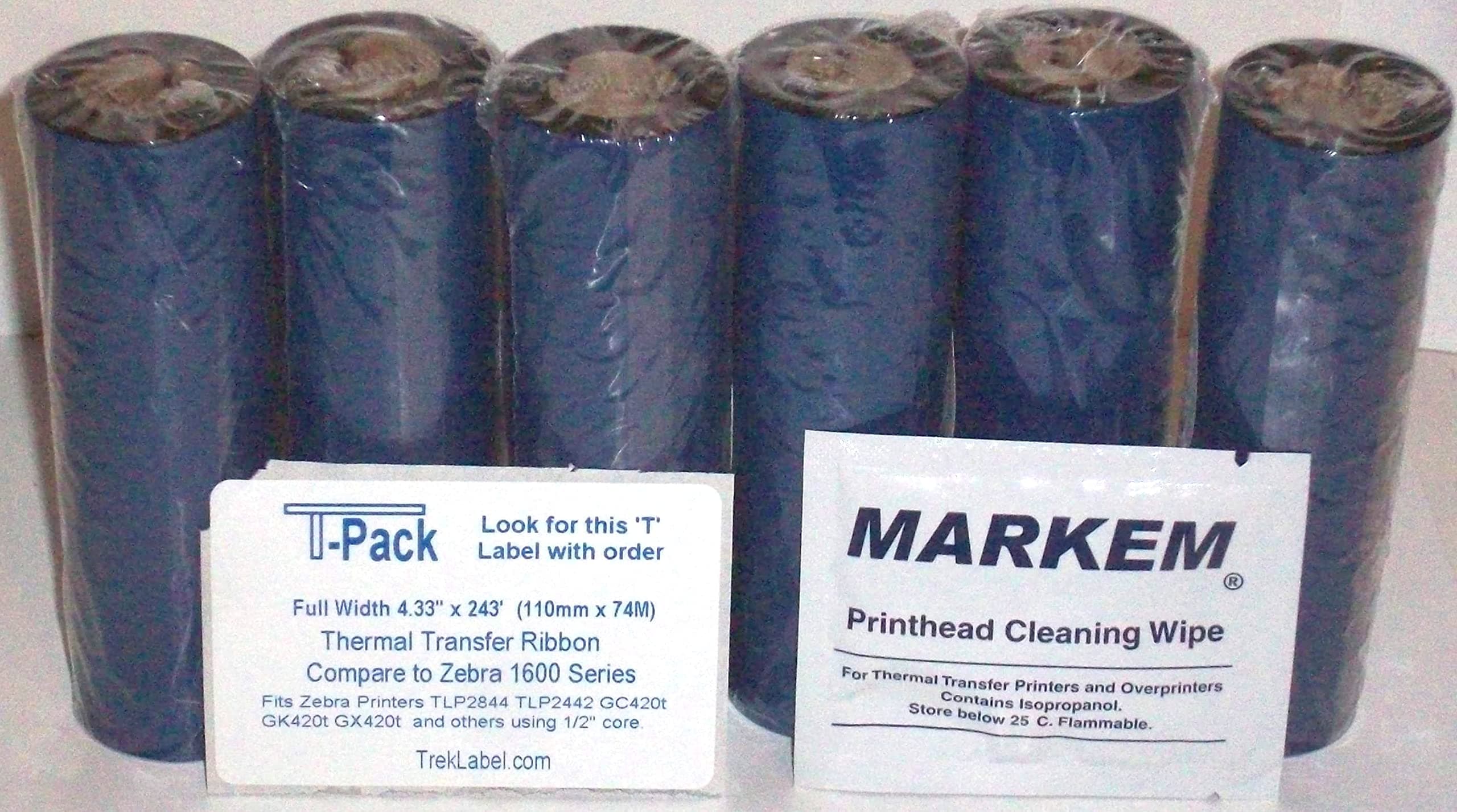 6 Thermal Transfer Ribbon 4.33" on 1/2" core - for Zebra Desktop, Free Print Head Cleaner -TLP2844 TLP2442 GC420t GK420t GX420t, Others