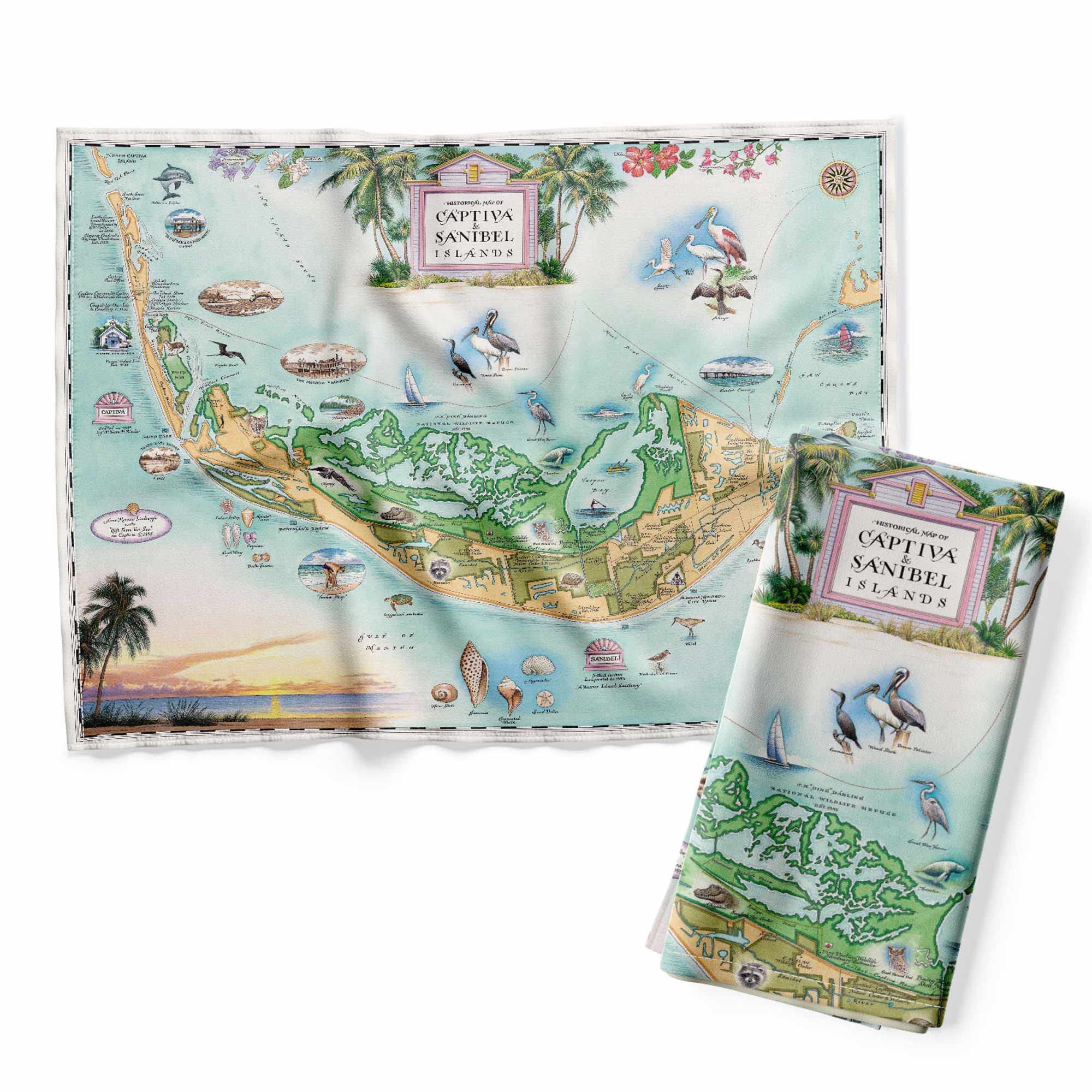 Sanibel & Captiva Islands Map Decorative Flour Sack Kitchen Tea Towel - 100% Cotton - 18" x 24"