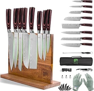 15pcs Japanese Knife Set with Magnetic Knife Block Holder, Japan Stainless Steel Blades, Ergonomic Handles for Professional and Home Cooking（Coffee wood, Magnetic Block Knife Set)