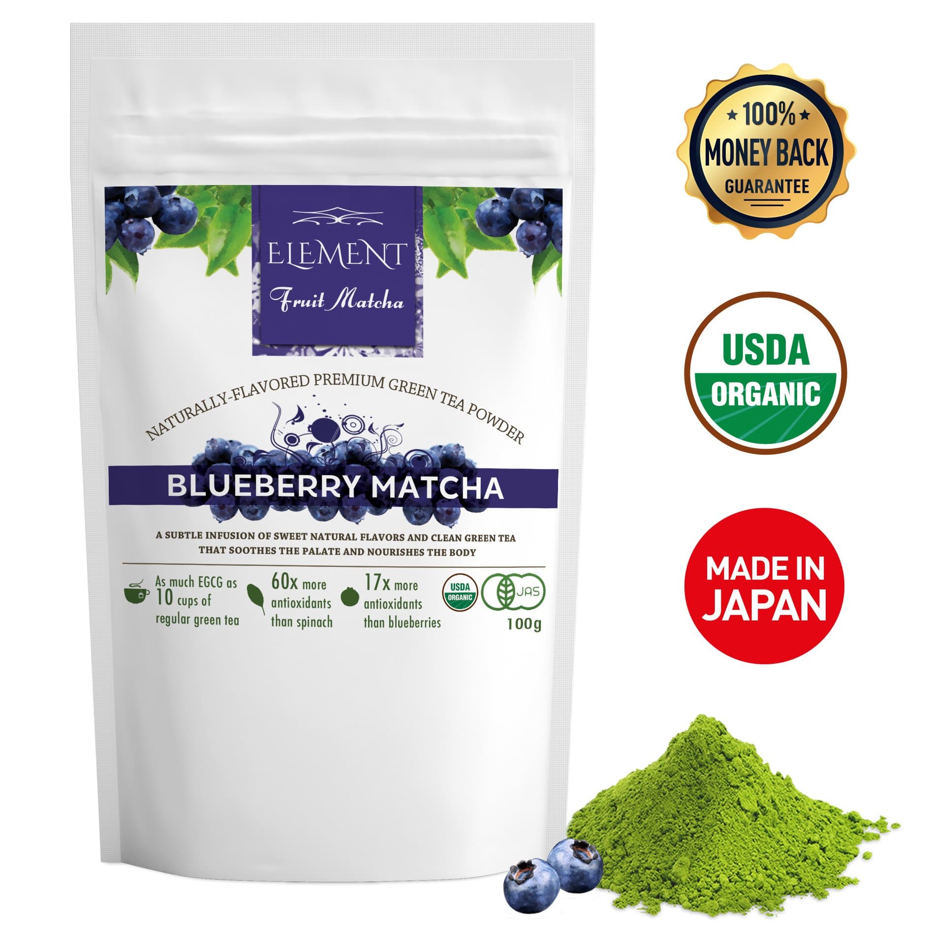 Element Matcha - Matcha Green Tea Powder Flavored with Natural Fruit - Blueberry - (3.5oz/100g)(30 servings) - USDA Organic - Perfect for: Green Smoothies - Shakes - Baking - Matcha Lattes