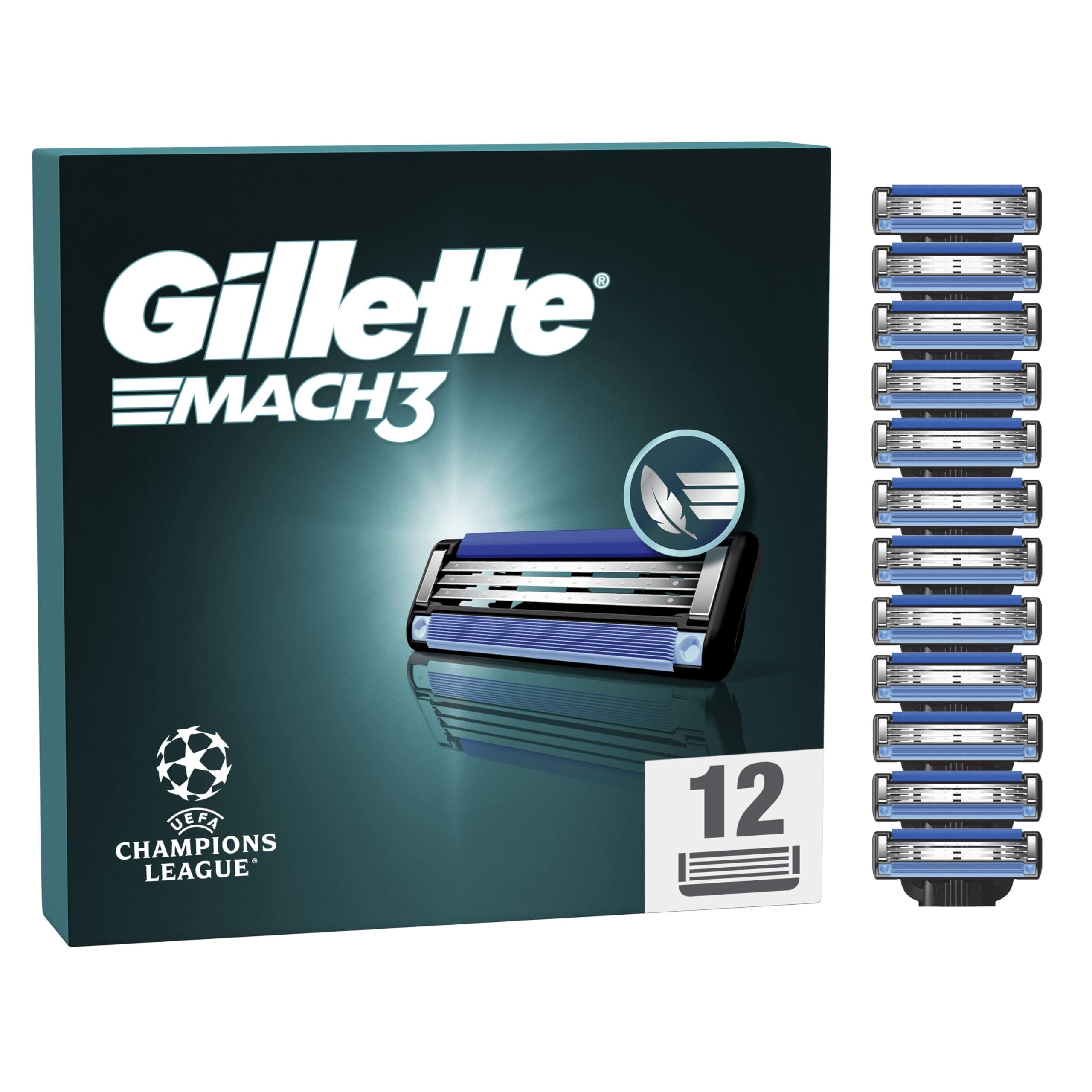 UEFA Champions League Special Edition Gillette Mach3 Men’s Razor Blade Refills, 12 Count, Engineered With Precision Cut Steel For Up To 15 Shaves Per Blade