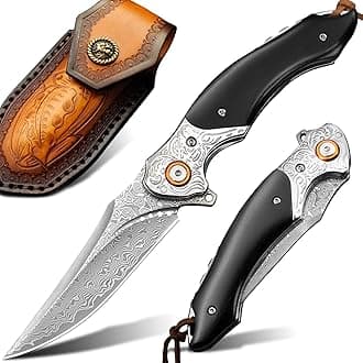 LOTHAR Damascus Pocket Knife, 7.78" VG10 Folding Knife with Retro Leather Sheath, Sandalwood Handle, Classic Bolster, Lanyard Hole, EDC Knife, Anniversary, Christmas, Elegant Gift for Men (Black)