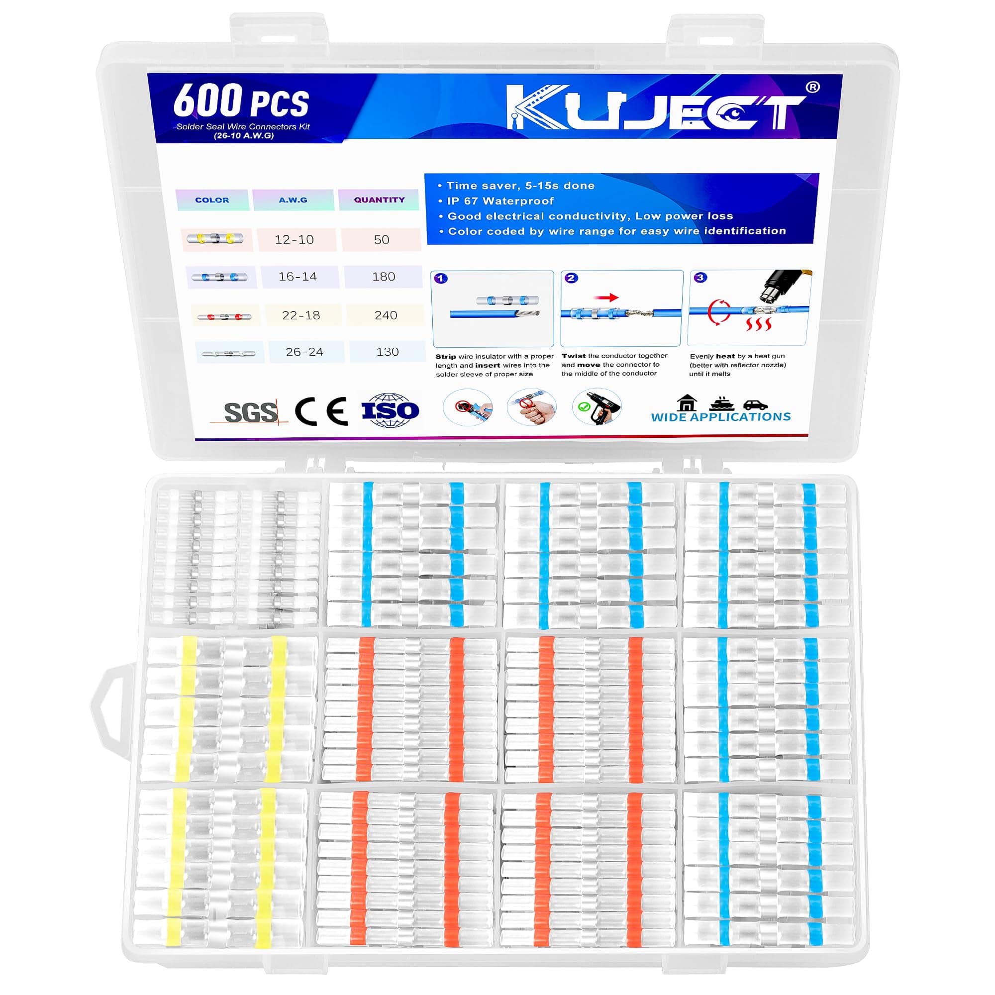Kuject 600PCS Solder Seal Wire Connector Kit, Solder Seal Butt Terminal Waterproof Insulated Electrical Wire Splice for Automotive Marine Boat