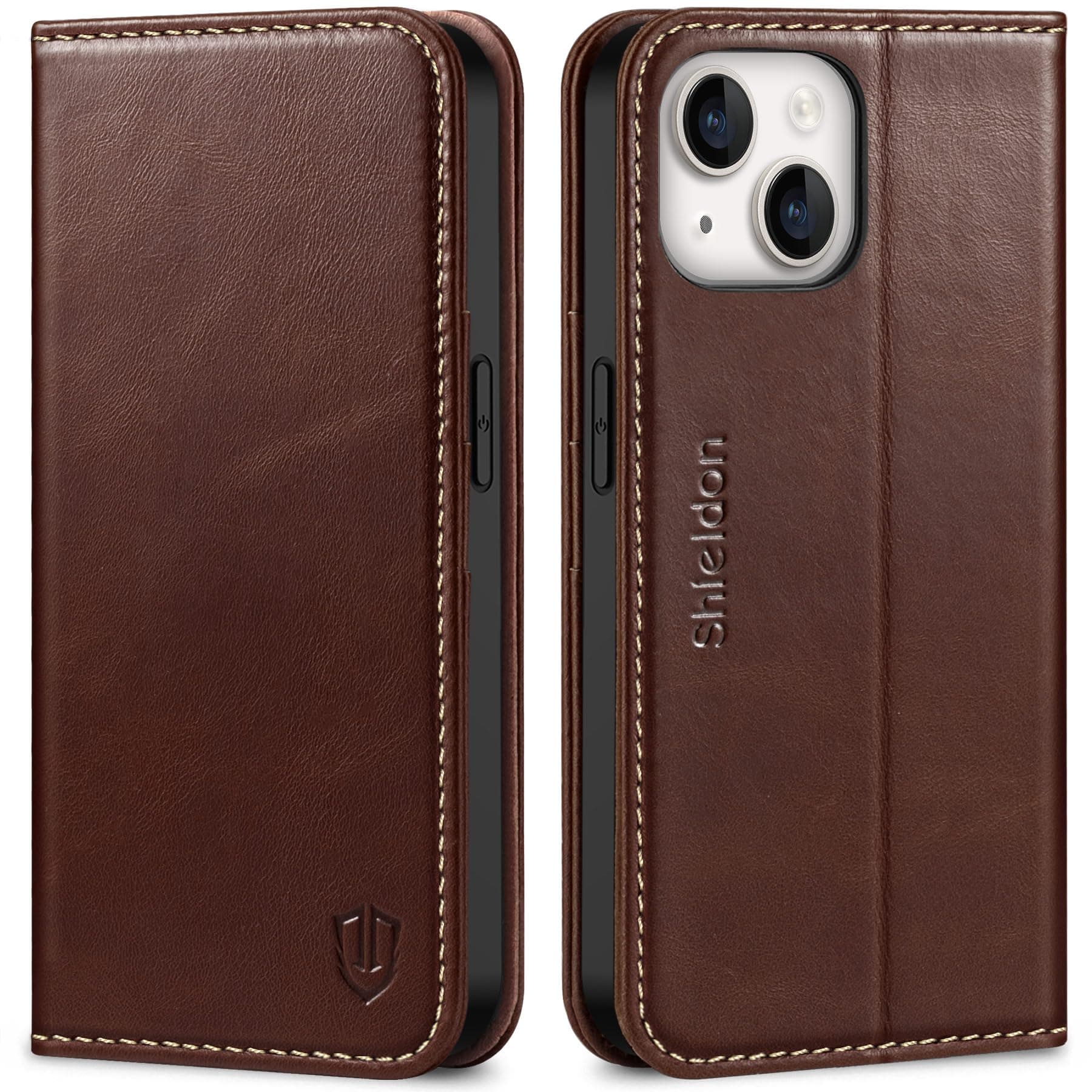 SHIELDON Case for iPhone 14 5G 6.1", Genuine Leather Wallet Case Flip Magnetic RFID Blocking Card Slots Carry-All with Kickstand Shockproof Cover Compatible with iPhone 14 - Retro Coffee