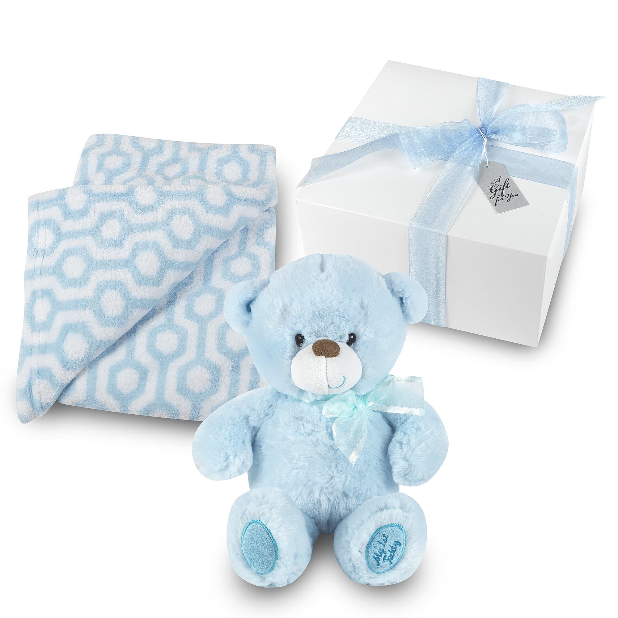 My First Teddy Baby Boy Gift Set - Blue Hexagon Print Coral Fleece Blanket with Plush Stuffed Blue Teddy Bear GIFT WRAPPED