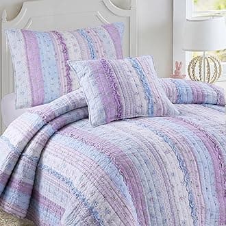 Raelynn Romantic Lace Orchid Light Purple Blue Flower Print Stripe Cotton 3D Bedding Quilt Set, Reversible Coverlet, Bedspread for Girls Women (Lavender,Twin - 2 Piece)
