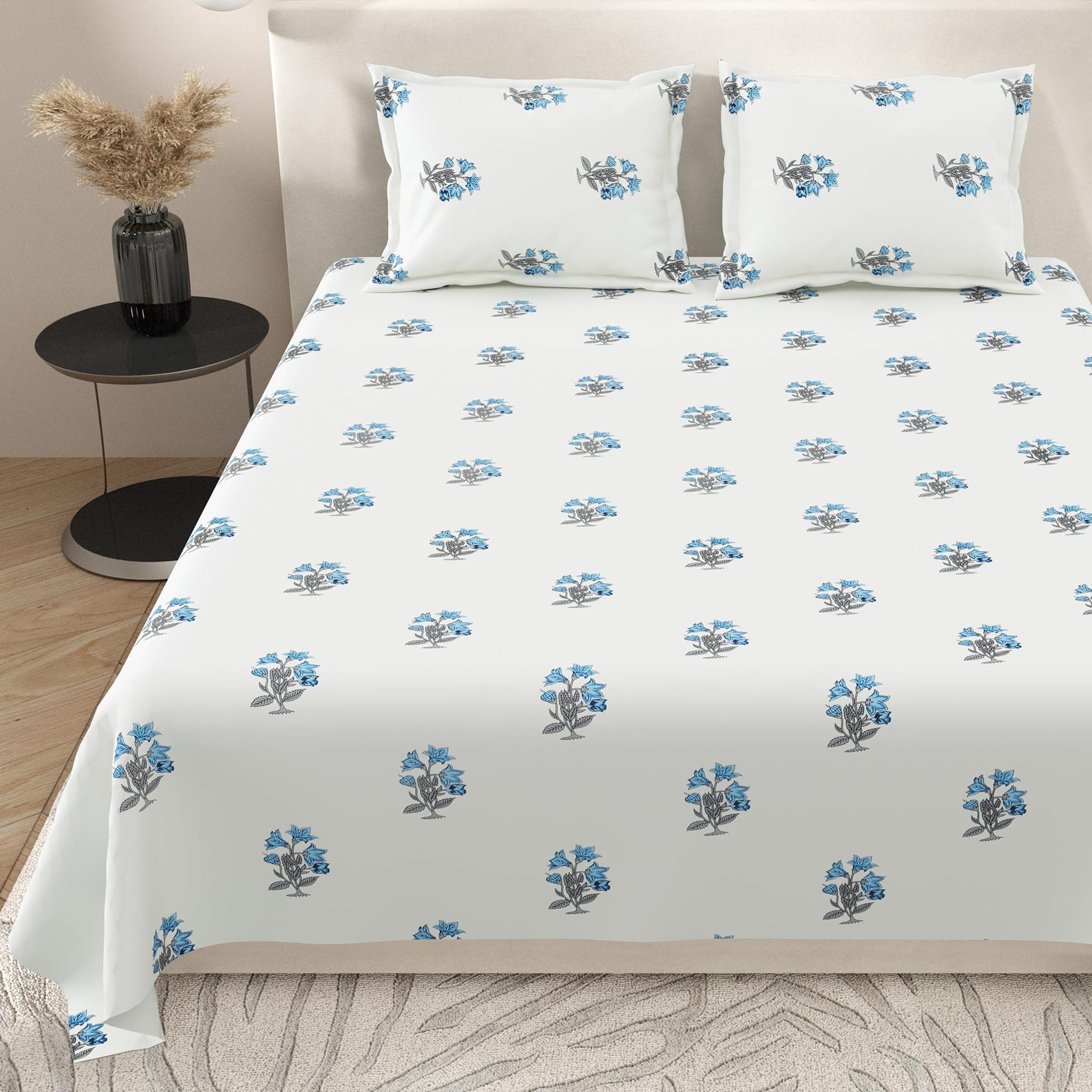 Bella Casa Super King Size Bedsheet Set Cotton with 2 Pillow Covers Block Print Design Blue Grey Colour - Blocks Craft Collection