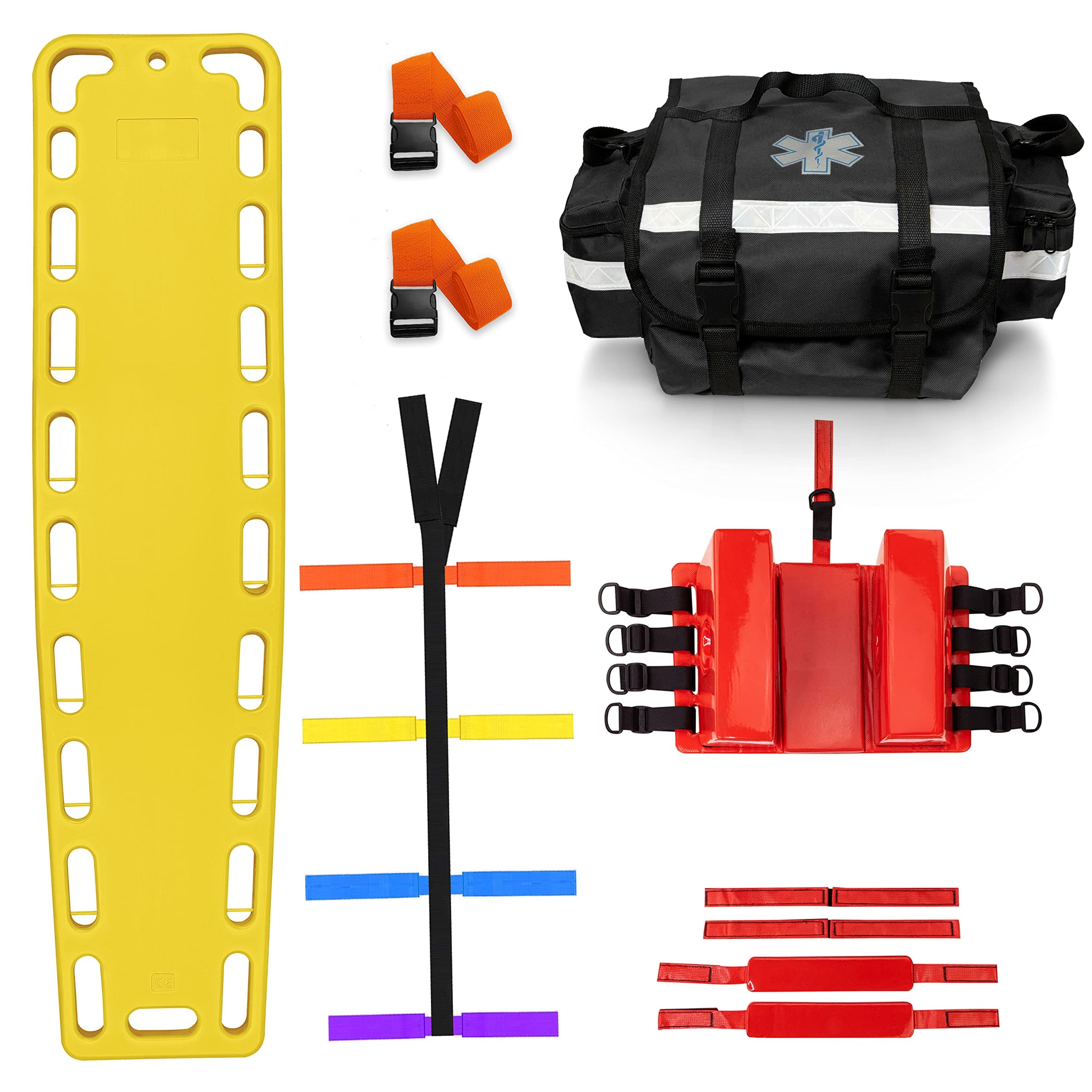 SURGICAL ONLINE First Responder EMT Backboard Spine Board – Complete Emergency Kit with Head Immobilizer, Deluxe Trauma Bag, and Spider Straps, Ideal for EMS, Firefighters (Yellow)