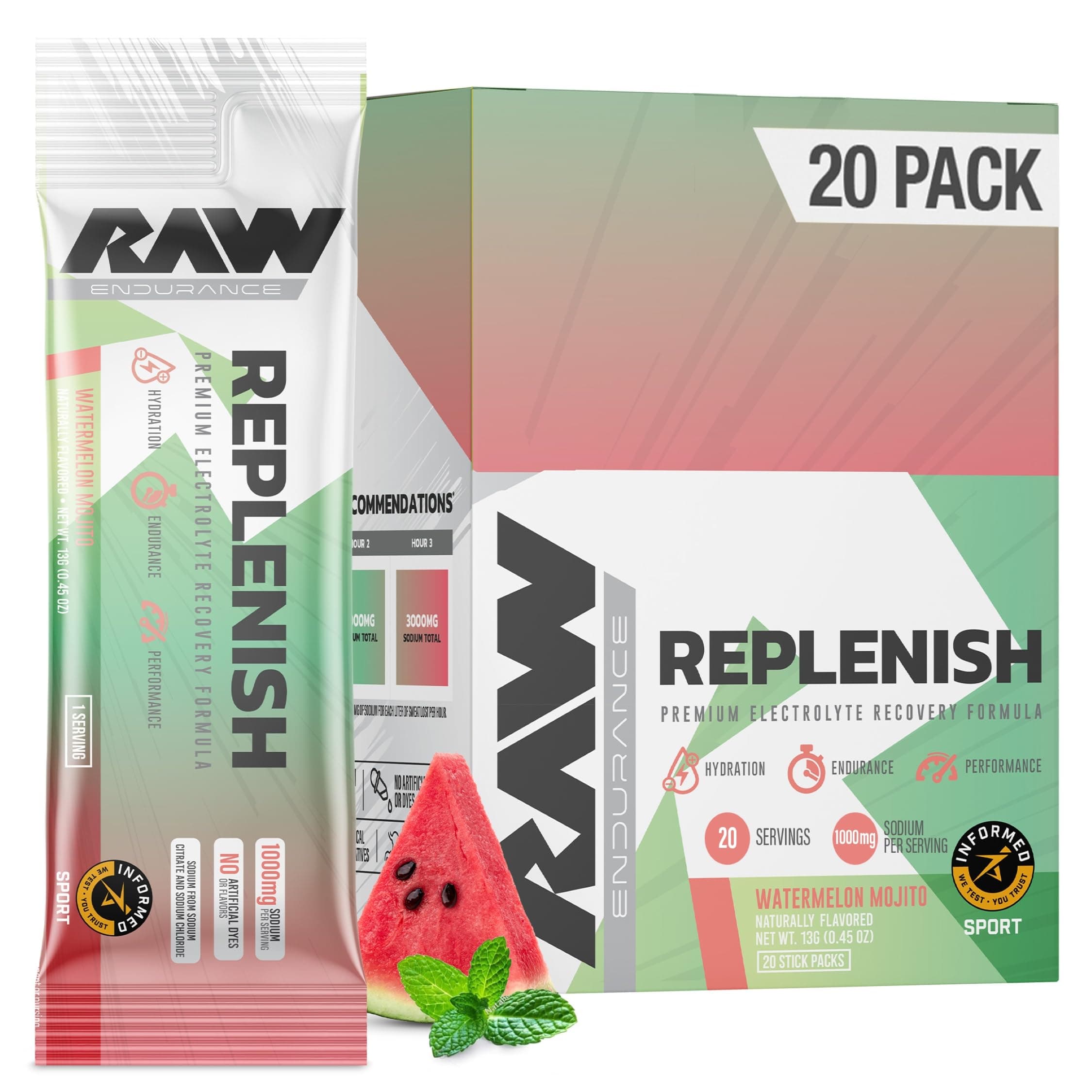 RAW Replenish Packets, Premium Electrolytes Powder Recovery Formula, Watermelon Mojito (20 Stick Packs) - Flavored Electrolyte Drink Mix for Hydration, Replenishment, Endurance & Performance Workouts