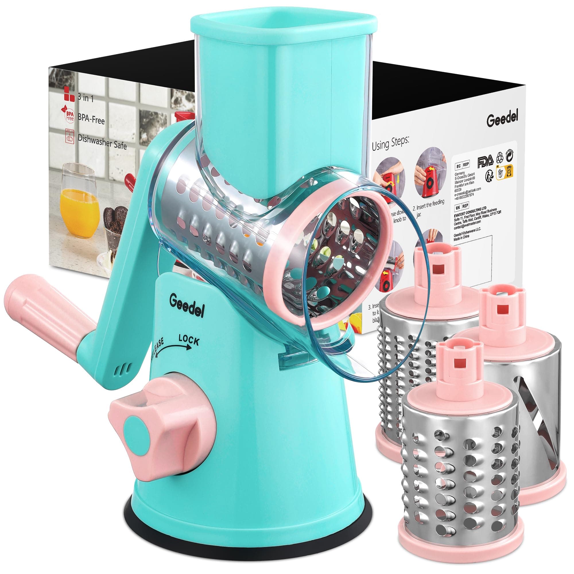 Geedel Rotary Cheese Grater, Kitchen Mandoline Vegetable Slicer with 3 Interchangeable Blades, Easy to Clean Rotary Grater Slicer for Fruit