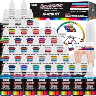 U.S. Art Supply 36 Color Deluxe Acrylic Airbrush, Leather & Shoe Paint Set with Cleaner, Thinner, 50-Plastic Mixing Cups, 50-Wooden Mix Sticks and Color Mixing Wheel