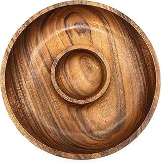 Acacia Wood Chip and Dip Specialty Salsa Bowl Plate Tray 10' D x 1.5" Thick (Brown)