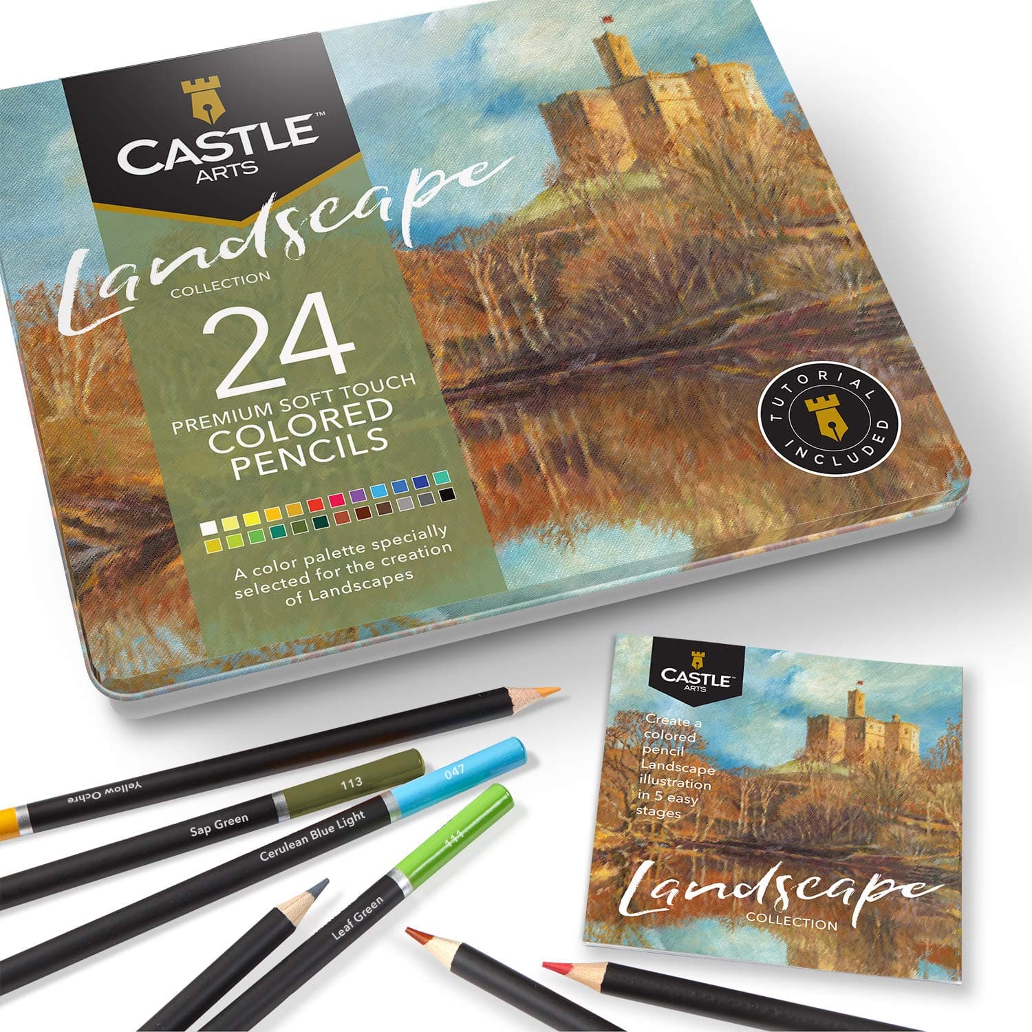 Castle Arts Themed 24 Coloured Pencil Set in Tin Box, Perfect Colours for ‘Landscapes’. Featuring Quality, Smooth Coloured Cores, Superior Blending & Layering Performance Achieving Great Results