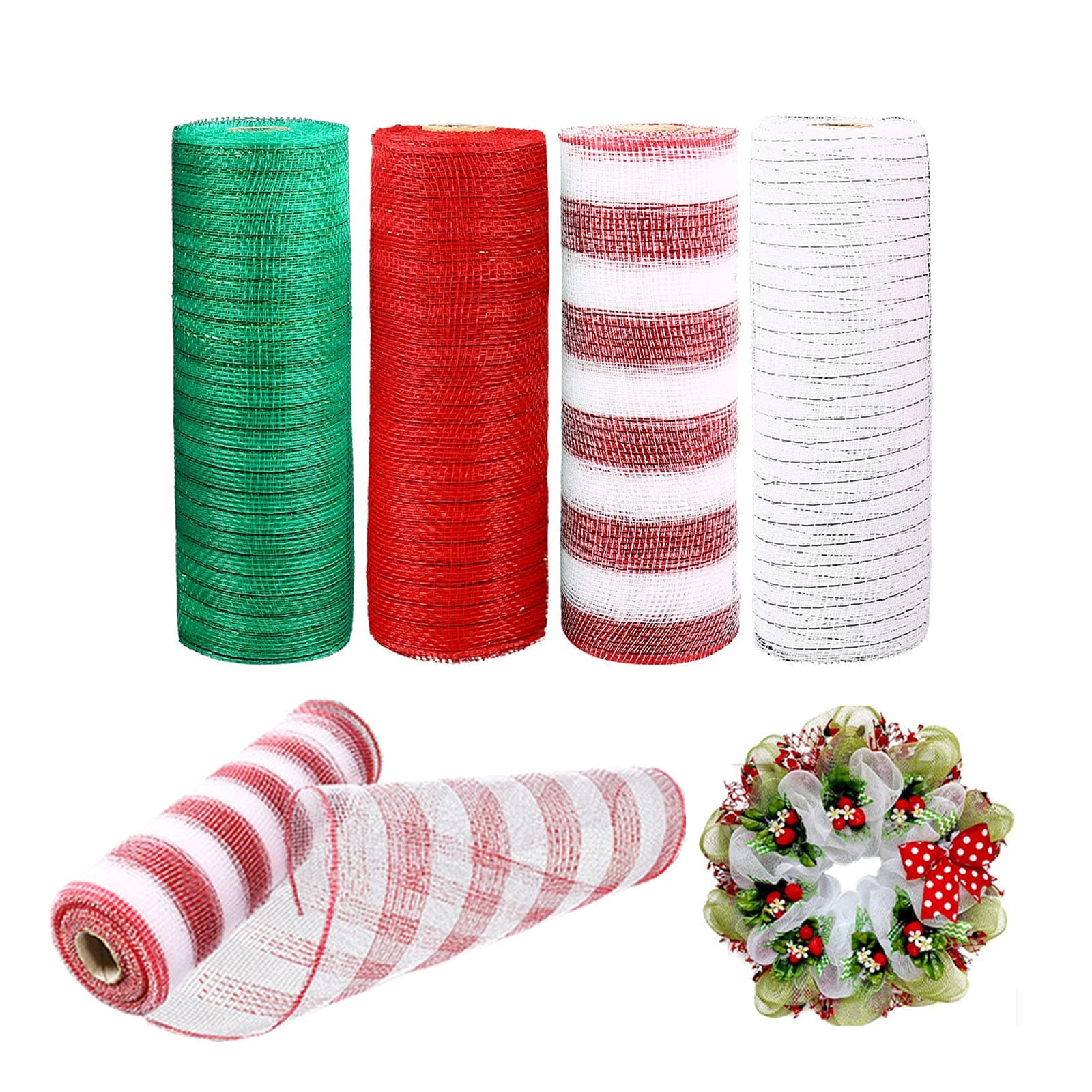 4 Roll Mesh Ribbon for Wreath, Metallic Foil Ribbon Poly Mesh Ribbon Roll Set 10.23 Inch x 30 FT Stripe Deco Mesh for DIY Crafts Wreaths Bows Garland Swags Christmas Decorating