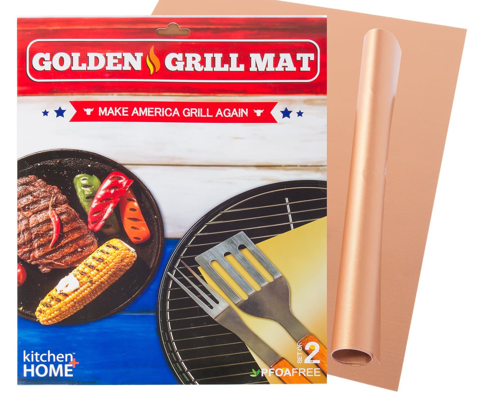 Kitchen Home Golden Grill Mat – Make America Grill Again - Set of 2 Nonstick, Heavy Duty, Reusable, BPA & PFOA Free BBQ Grill & Baking Mats for Gas, Charcoal & Electric Grills