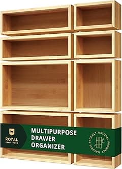 ROYAL CRAFT WOOD Bamboo Drawer Organizer Storage Box/Bin Set - Multi-Use Drawer Organizer for Kitchen, Bathroom, Office Desk, Makeup, Jewelry… (8 Boxes)