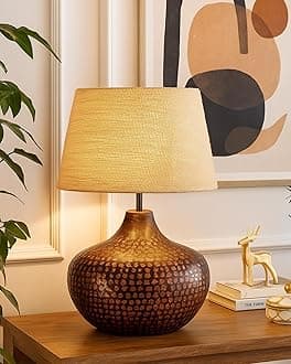 Homesake® Antique Hammered Table Lamp Oil-Rubbed Bronze Metal Linen Drum Shade for Living Room Family Bedroom, (Gourd, Jute)