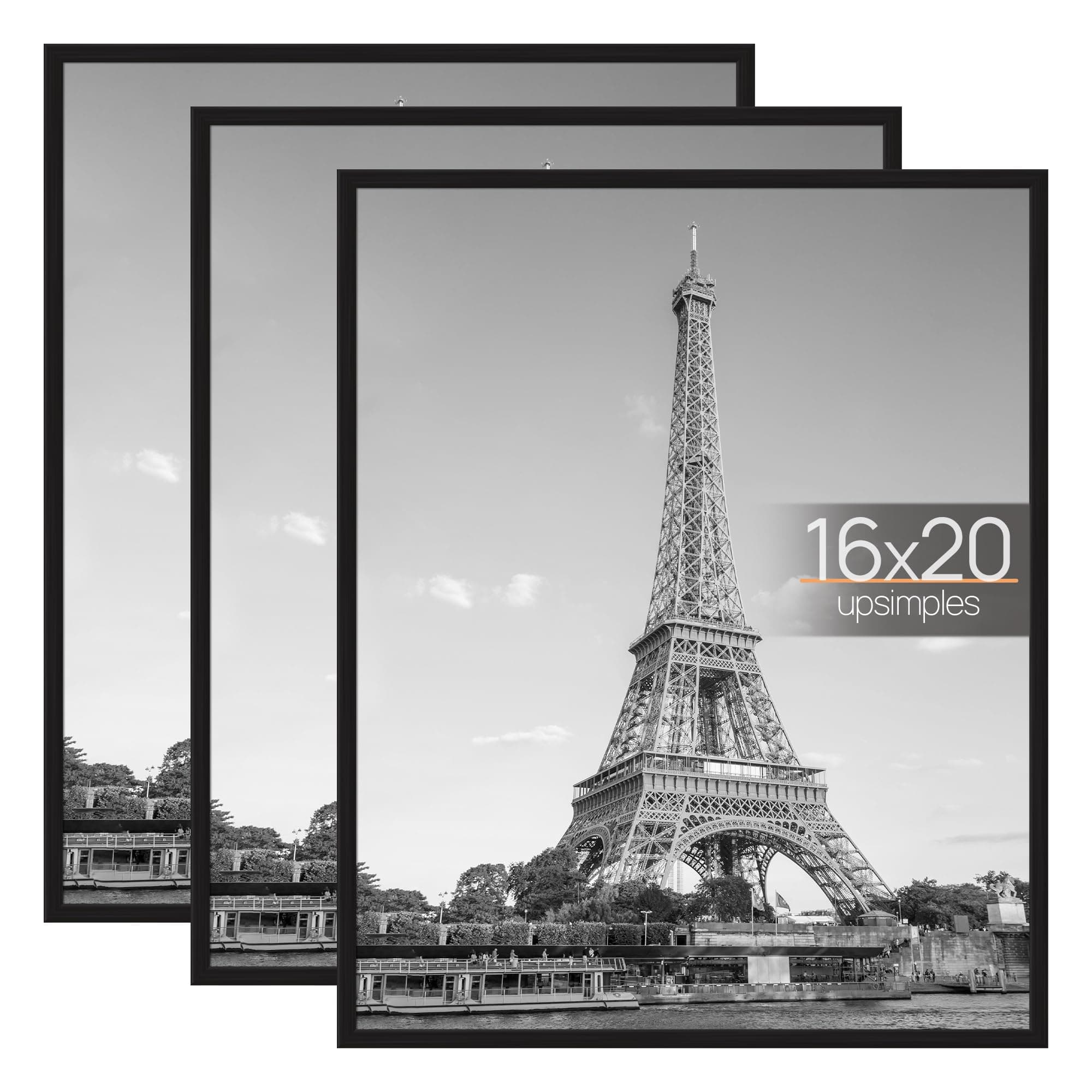 upsimples 16x20 Picture Frame Black 3 Pack, Scratch-Proof Poster Frames 16 x 20 for Photo Gallery - Slide-In Strips, Horizontal or Vertical Wall Mounting