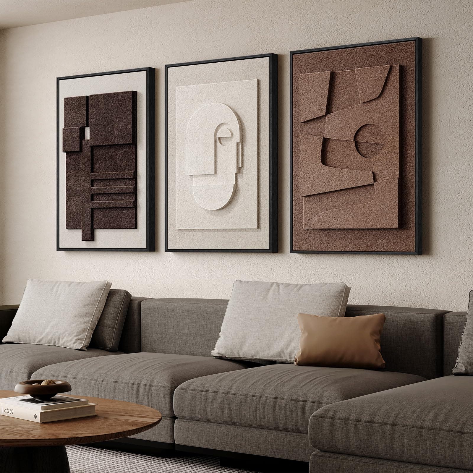 Large 3D Textured Framed Neutral Abstract Wall Art for Living Room, 3 Piece Modern Artwork for Walls, Minimalist White and Brown Geometric Wall Paintings for Hallway, Stair, Office Wall Decor 24x36 In