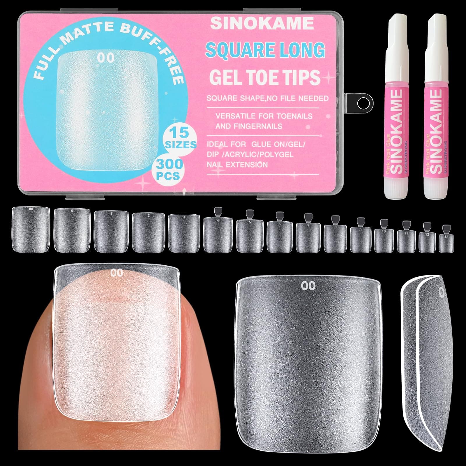 300Pcs Square Toe Nail Tips with Glue,SINOKAME 15 Sizes Wider Long Fake Toenails Matte No File Needed,Clear Press on Toenails Full Cover,Paintable Toe Extension Tips Soak off Home DIY