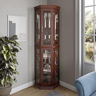 Lighted Wooden Corner Display Curio Cabinet, Two Section Shelving Unit with Tempered Glass Door, Bar and Liquor Storage Area with 6 Shelves - Lorona (Walnut)