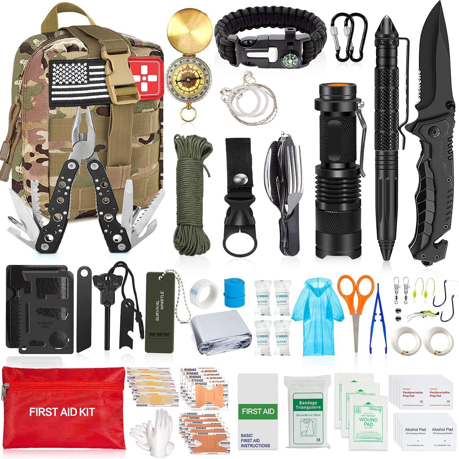 200Pcs Emergency Survival Kit and First Aid Kit Professional Survival Gear SOS Emergency Tool with Molle Pouch for Camping Adventures