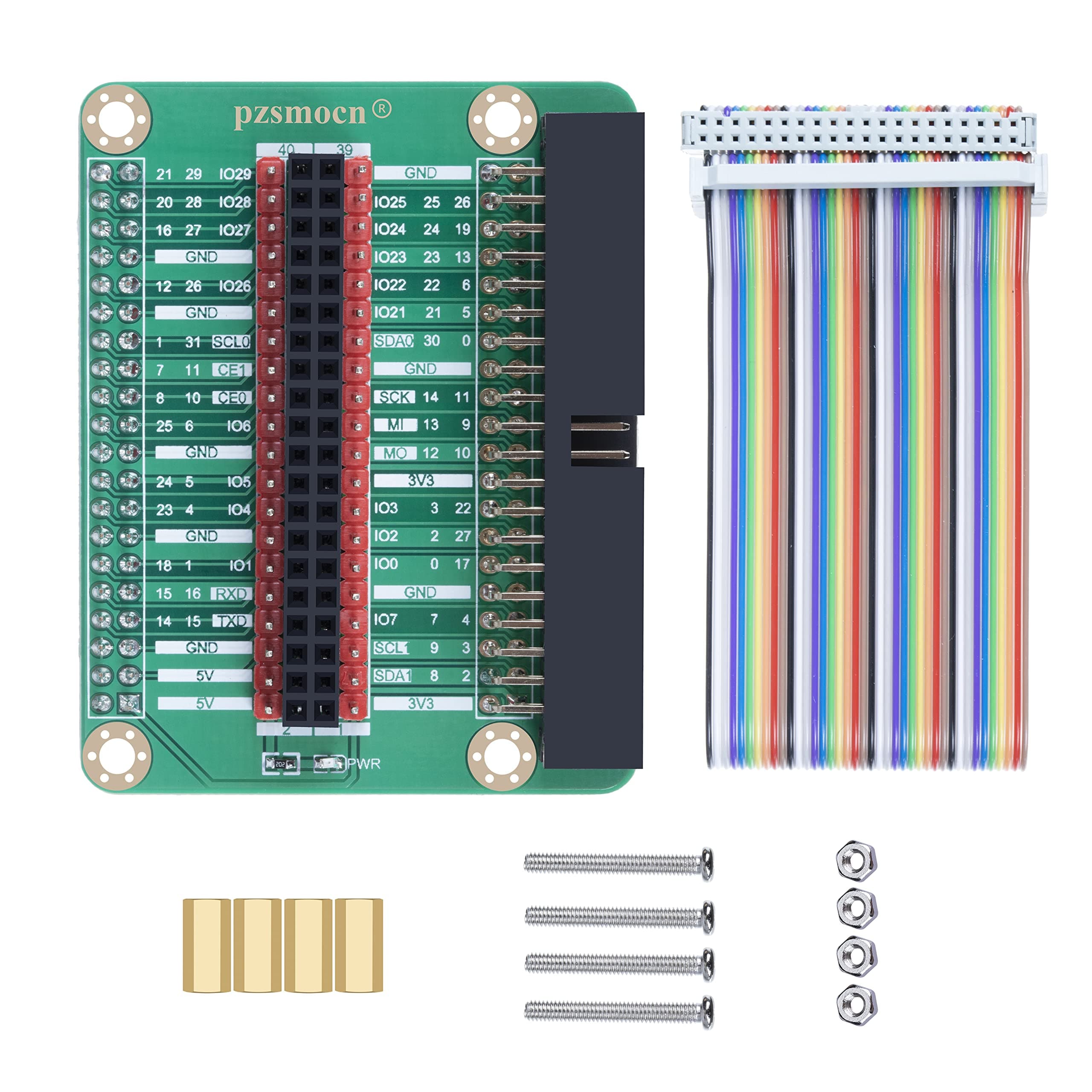 Pzsmocn IO Expansion Board Compatible with Raspberry Pi 3, Pi 4 and Pi 400. with 40 Pin Contrast Silk Screen, BCM Encoding Information, WiringPi Encoding Information and Color GPIO 40 Pin Cable.