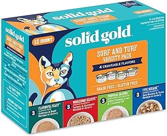 Solid GoldWet Cat Food for Adult & Senior Cats 12 Pack - Surf & Turf Wet Cat Food Variety Pack - Made with Real Protein for Healthy Digestion and Sensitive Stomach