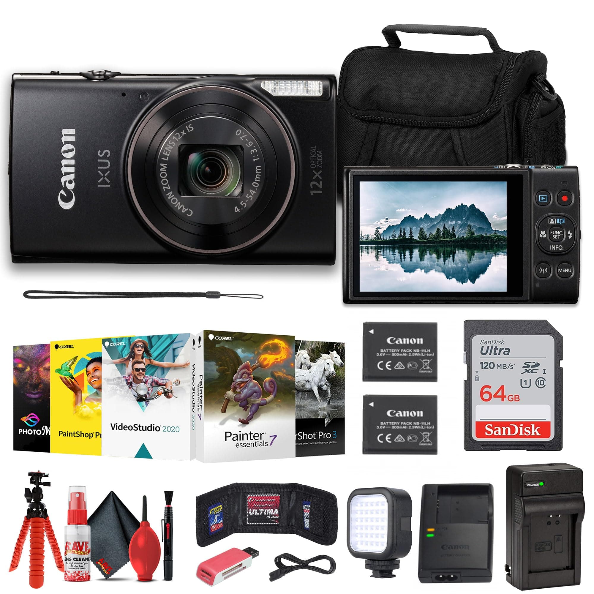 Canon PowerShot IXUS 285 HS 12X Optical Zoom Digital Camera (Black) (1076C001) + NB11L Battery + 64GB Memory Card + Corel Photo Software + Case + Charger + LED Light + Card Reader + More