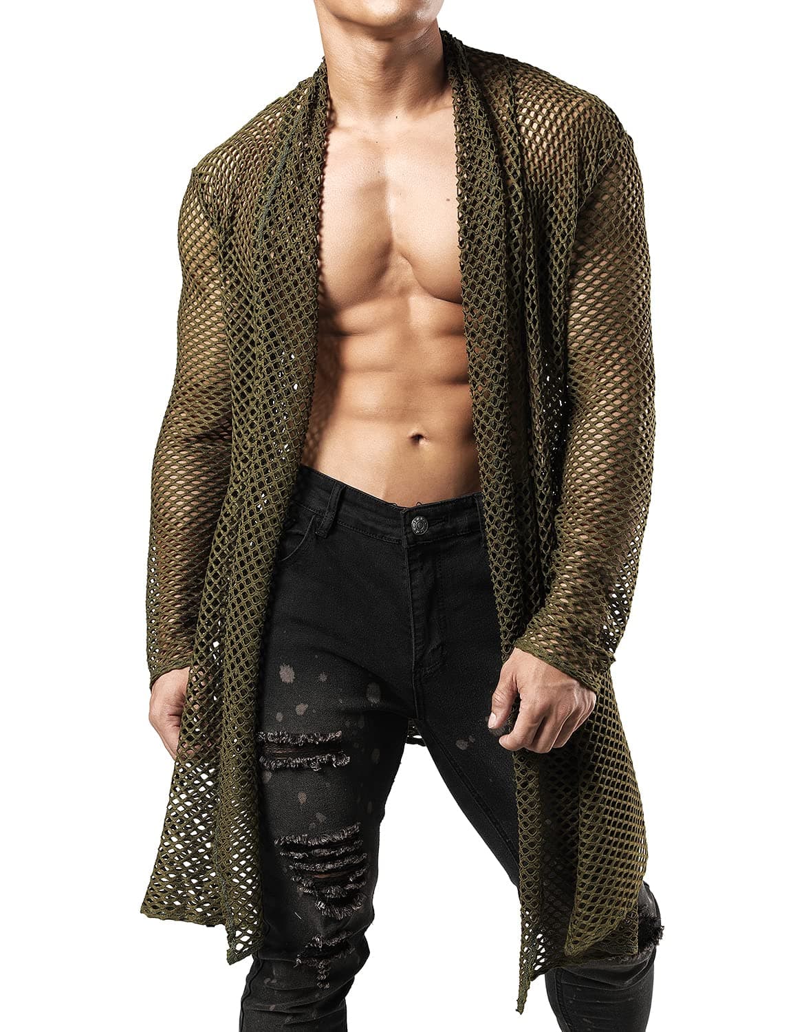 JOGALMen's Mesh Fishnet Cardigan Fitted Muscle Top