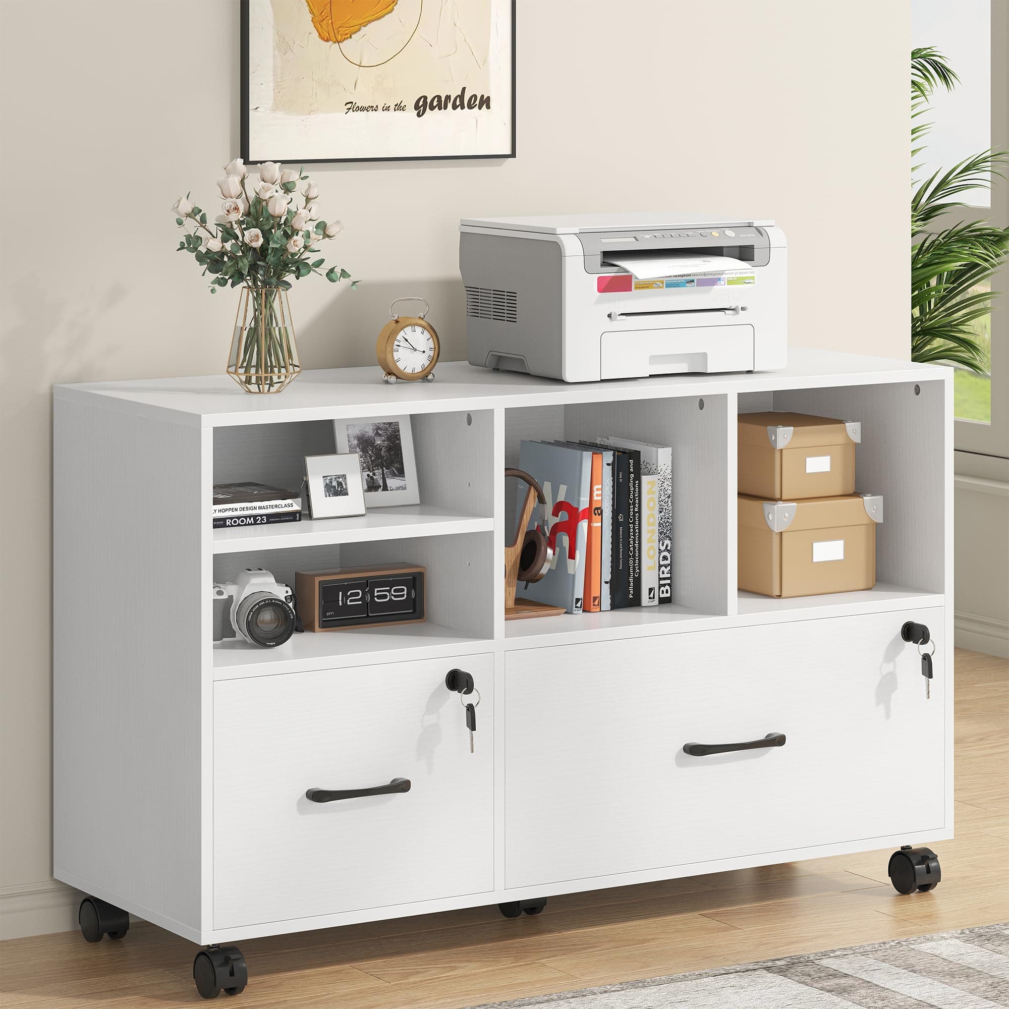 2 Drawer Wood Mobile Large lateral File Cabinet with Lock, Lockable Rolling Filing Cabinet with Open Storage Shelves, Printer Stand Office Storage for Home Office Fits Files Legal/A4, White