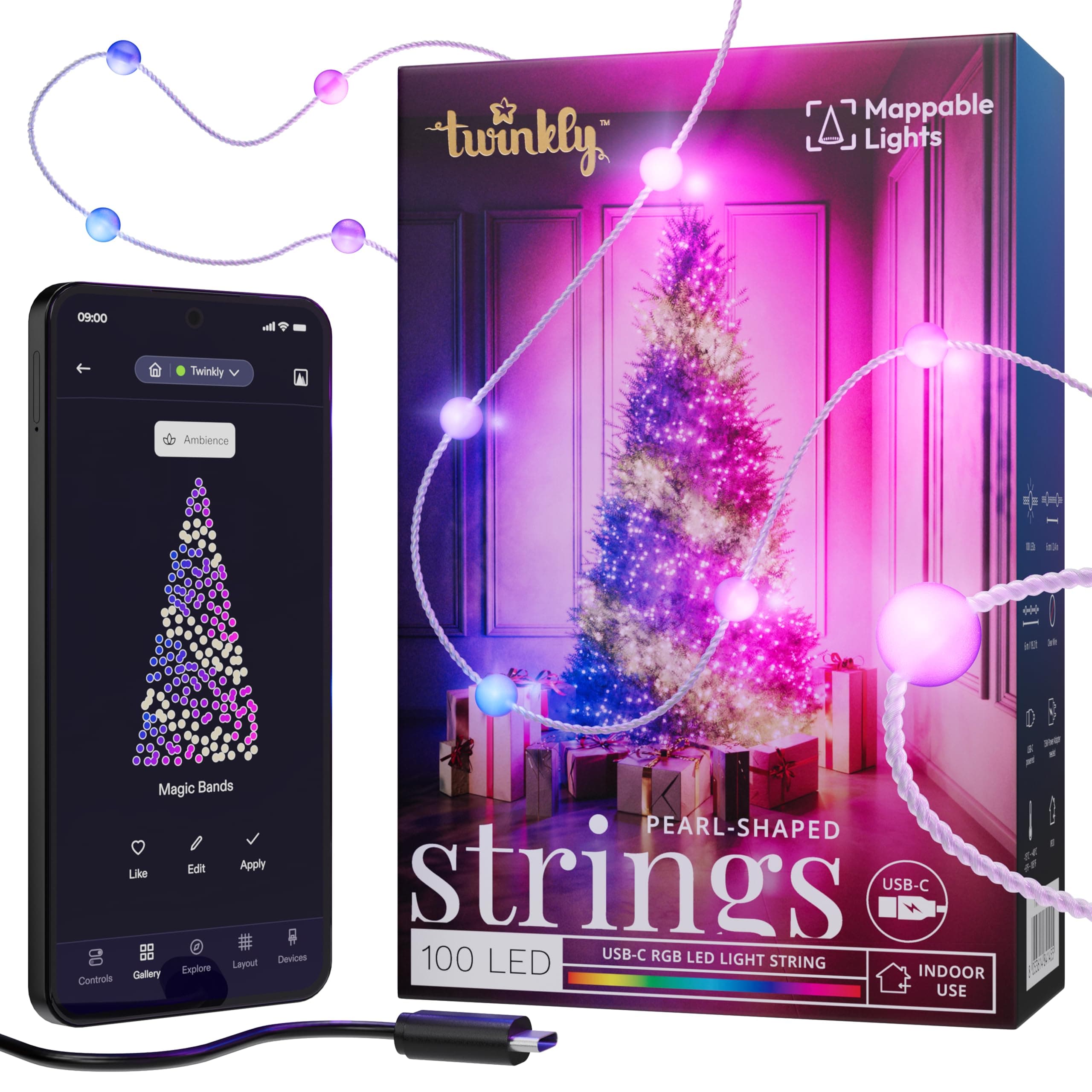 Strings USB-C Pearls 100 LED, Pearl-Shaped LED Light String, RGB Multicolor LED Lights, Valentine's Day Lights, Compatible with Alexa, Google Home, USB-C Power, Transparent Wire, 19.7ft