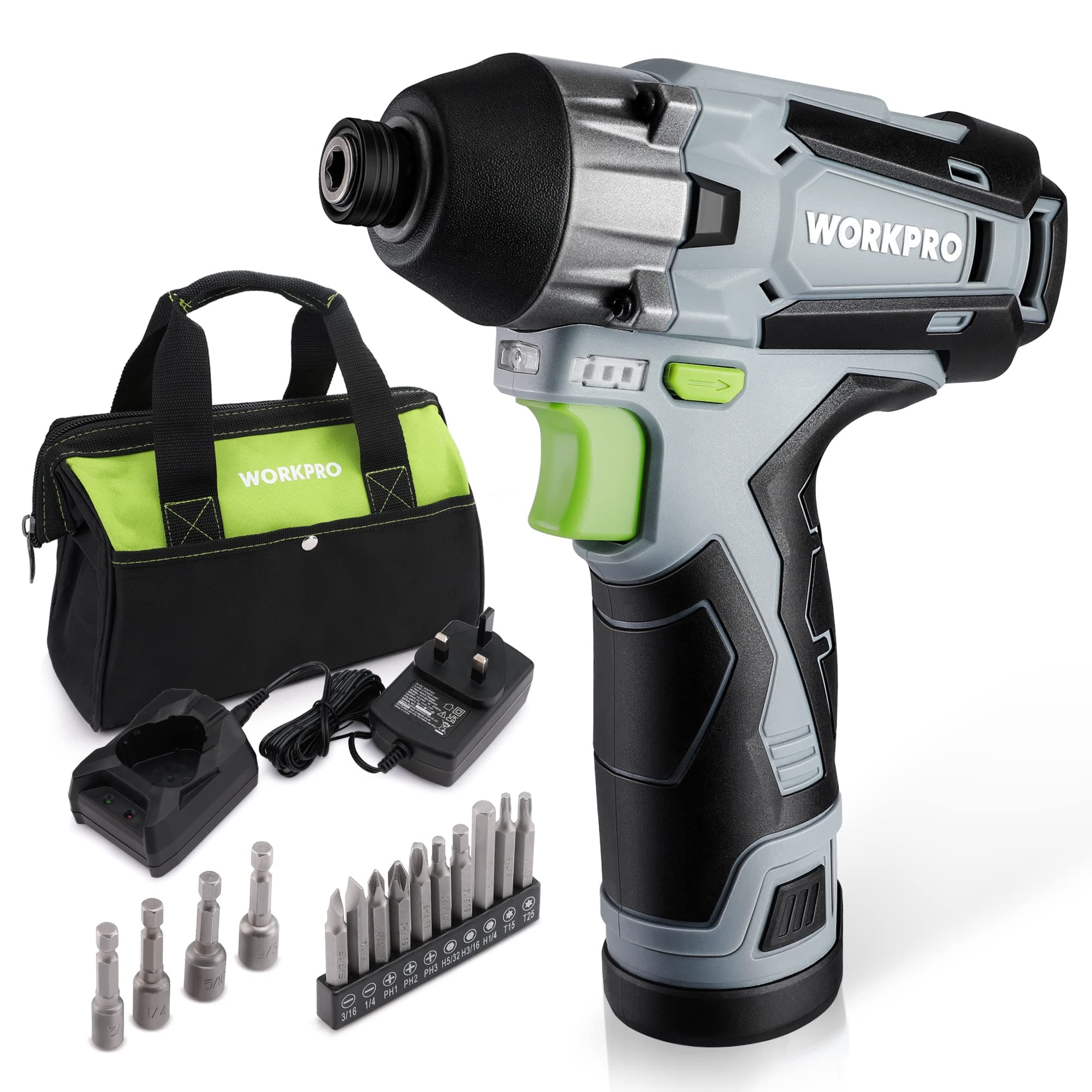 WORKPRO Cordless Impact Drill Kit, 1/4” Hex Electric Impact Drill Set with 12V 2.0Ah Lithium-ion Battery, 1 Hour Fast Charge, Variable Speed, 14pc Driver Bits and Tool Bag (UK 3-pin Plug)