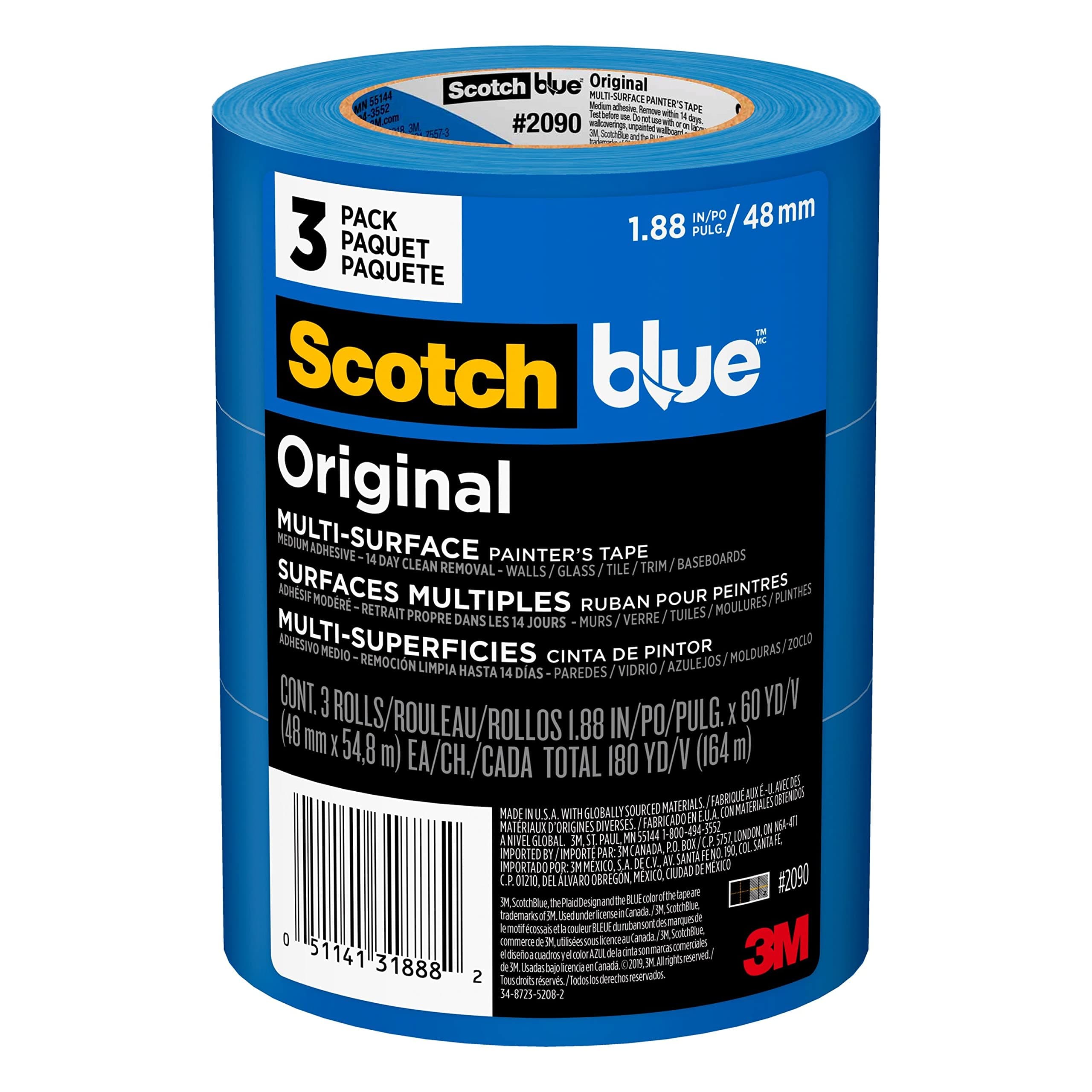 ScotchBlue Original Multi-Surface Painters Tape, 2 Inch Wide (1.88 in. x 60 Yds), 3 Rolls, Blue Paint Tape Protects and Removes Easily, Masking Tape for Indoor and Outdoor Use (2090-48EP3)