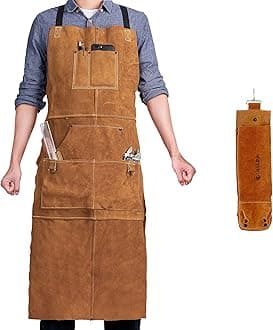 QeeLinkLeather Work Shop Apron with 6 Tool Pockets and Rod Holder - Heat & Flame Resistant Heavy Duty Welding Apron, 24" x 36", Adjustable M to XXL for Men & Women