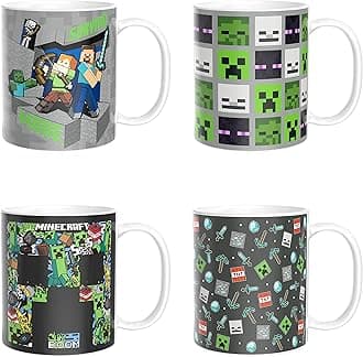 Zak Designs Minecraft Mug Unique Ceramic Coffee Cup Set, Can Coffee Mugs with Comfortable Handle for Gamer Gifts, Dishwasher and Microwave Safe (11.5 oz, 4-Piece Set)