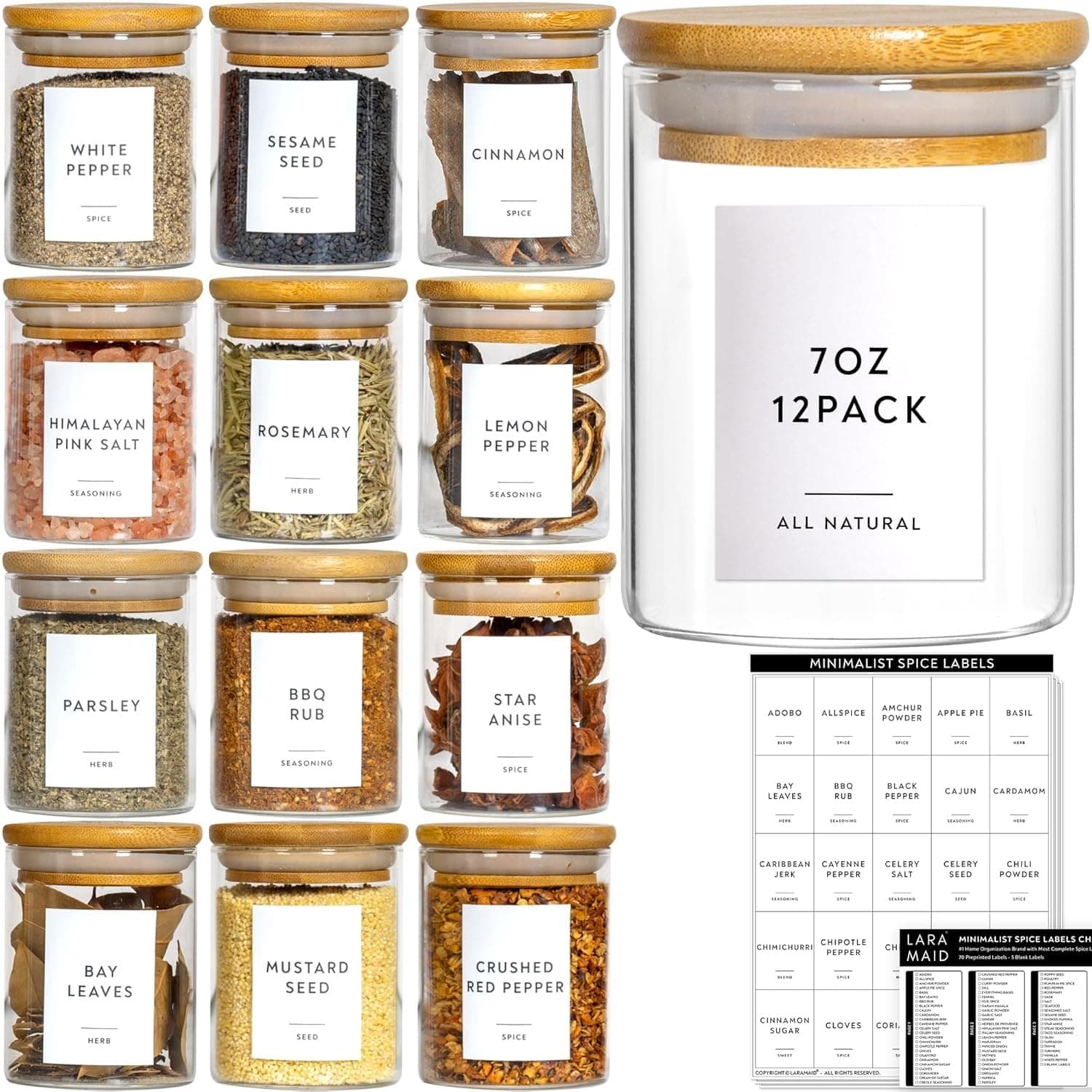 Laramaid 6oz 12Packs Glass Jars Set, Round Spice Jars with Bamboo Lids and Customized Labels, Food Storage Container Canisters for Home Kitchen, Spice, Herbs, Seasoning, Seed, Tea, Sugar, Salt