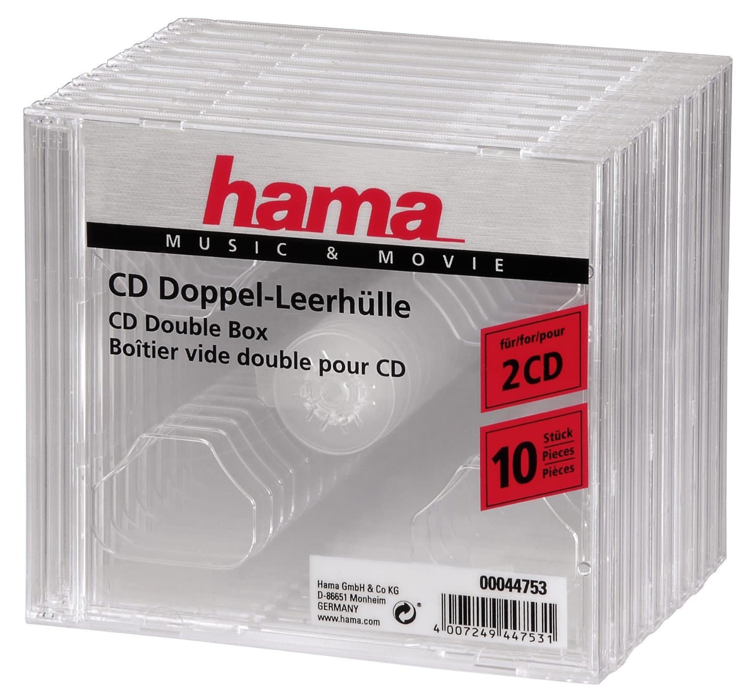 Hama Dual CD/DVD Jewel Double Case, 10 Pieces Per Pack - (2 Discs Capacity per Case) - Clear