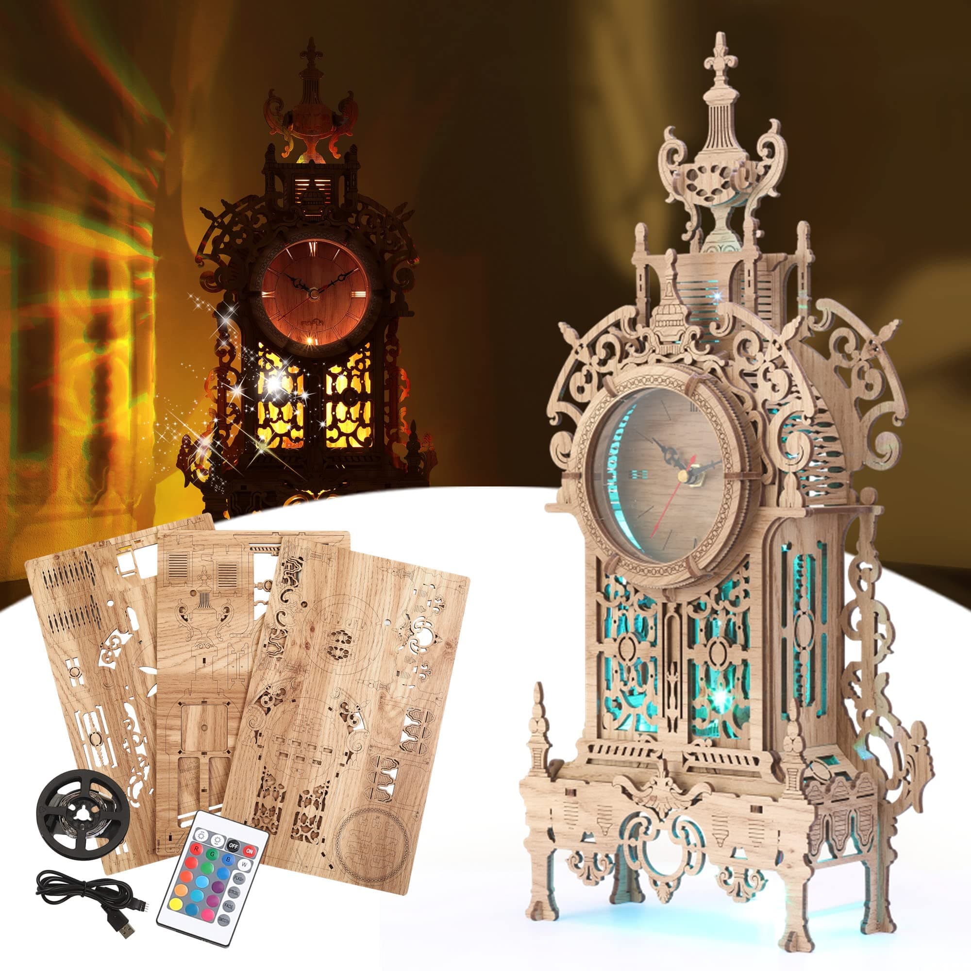 3D Wood Puzzle LED Tower Clock, 3D Puzzle Building Desktop Clock Model DIY Architectural Building Blocks (LED-TC01 Wood)