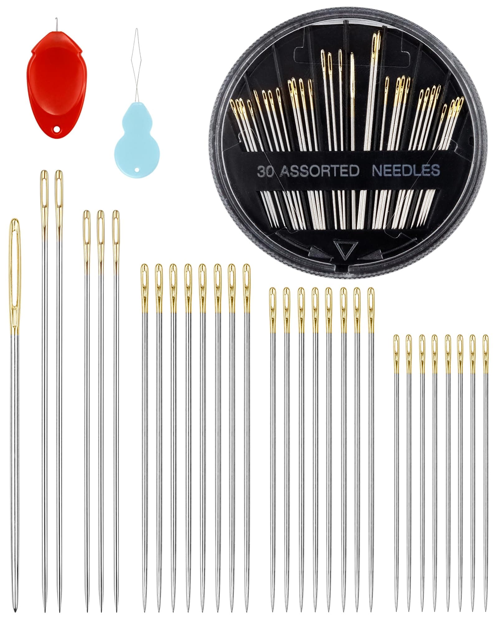 FIVEIZERO 30-Count Steel Needles for Hand Sewing, 6 Sizes Large Eye Embroidery and Hand Quilting Needles Kit with Threaders for Art & Craft Projects