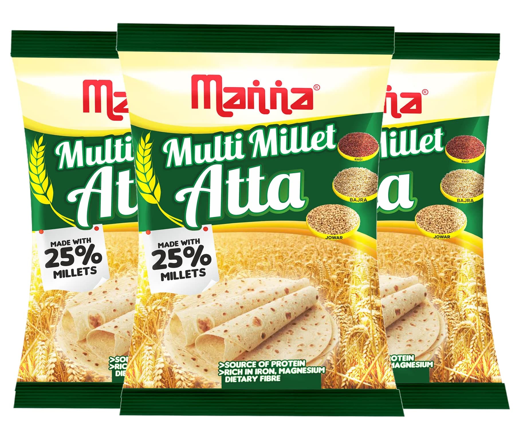Multi Millet Atta / MultiGrain Atta with 25% Millets, 3kgs (1kg x 3 Packs) Natural Flour.Nutrient Powerhouse