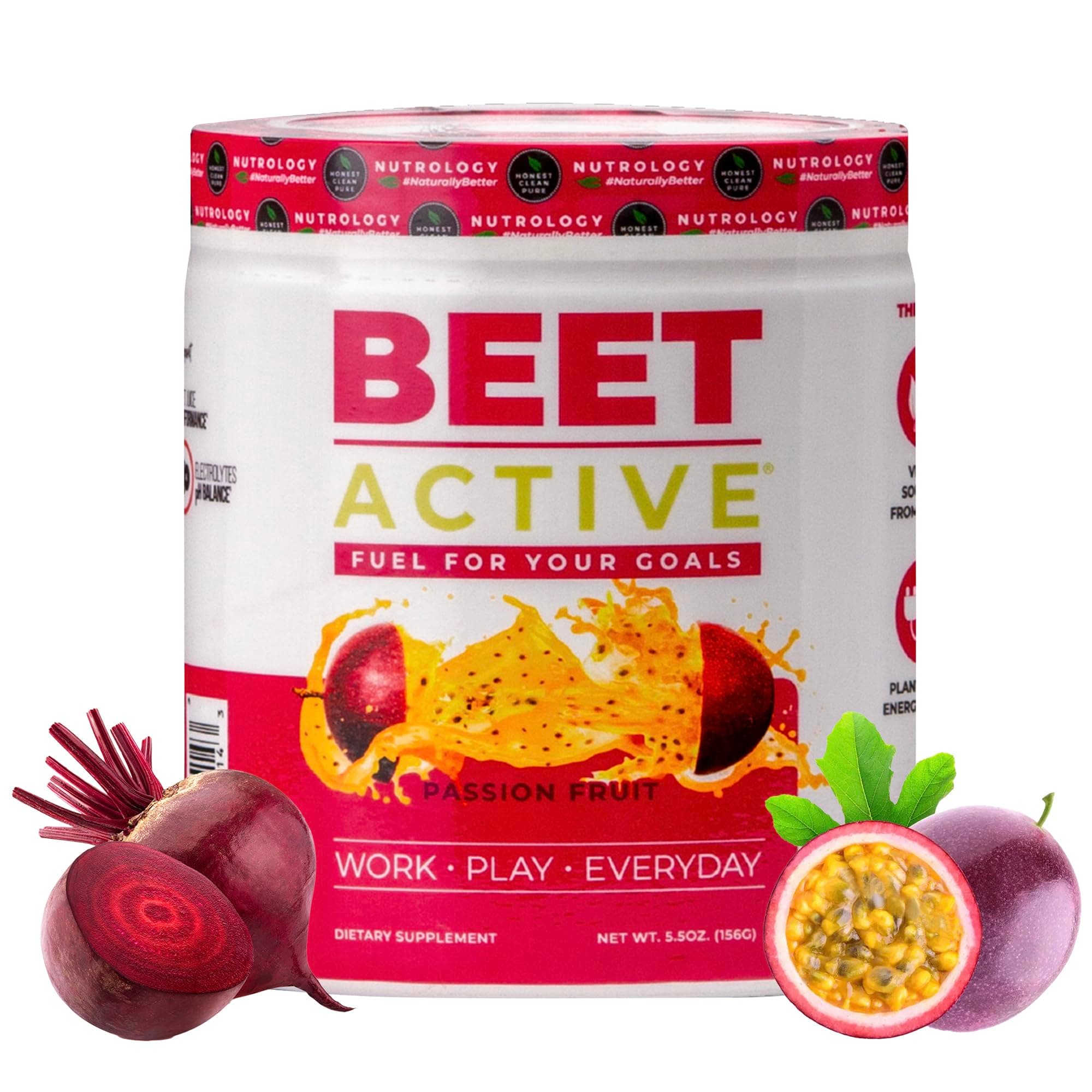 Nutrology Beet Active, Natural Pre-Workout Powder, Supports Energy, Endurance & Nitric Oxide Flow with Beet Powder, Yerba Mate & Electrolytes, Vegan Pre Workout, Passion Fruit Flavor, 30 Servings