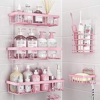 5 Pack Shower Caddy Organizer Rack Shelf for Inside Shower, Adhesive Bathroom Wall Storage Basket Rustproof Stainless Steel Shampoo Holder, Girly Bathroom Accessory Decor Set, Pink