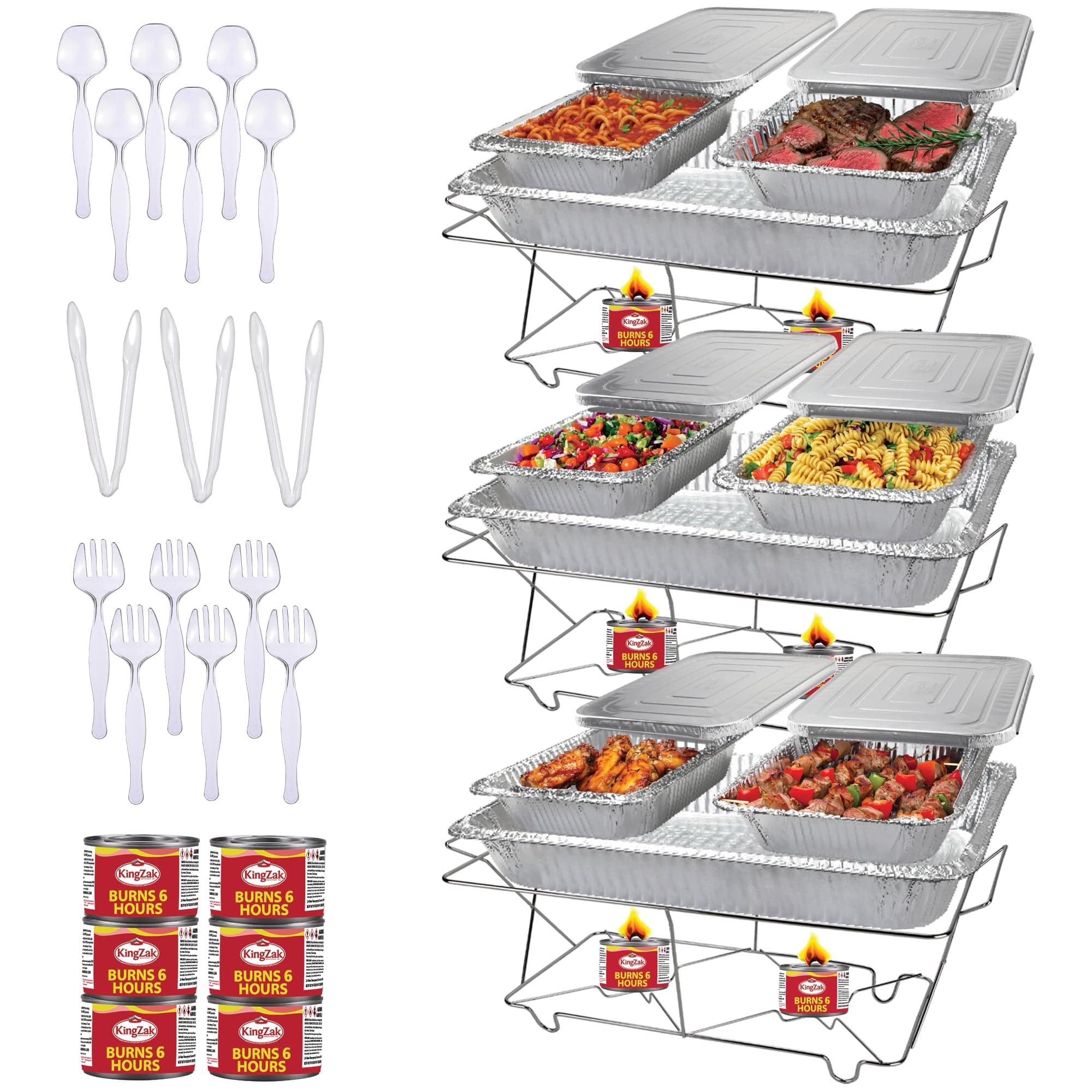 Full Size 39-Pcs Disposable Chafing Buffet Set with 6hr Fuel Cans, Covers, Serving Utensils - Premium Chafing Dish Set for Catering, Events, and Parties - Complete Food Warmer Party Serving Kit